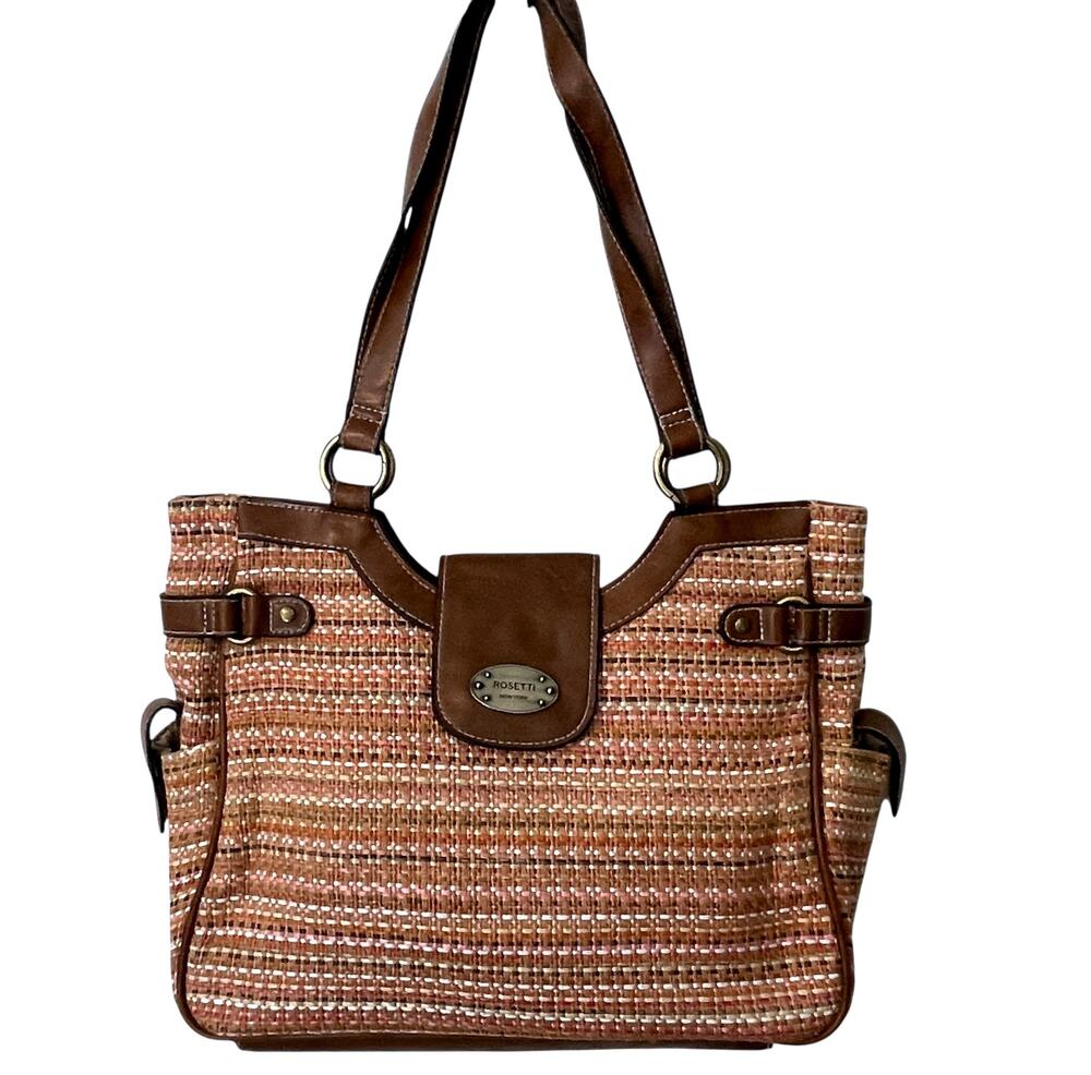 Rosetti Woven Satchel Bag Womens Pink Tan Brown Jute Shoulder Handbag Purse